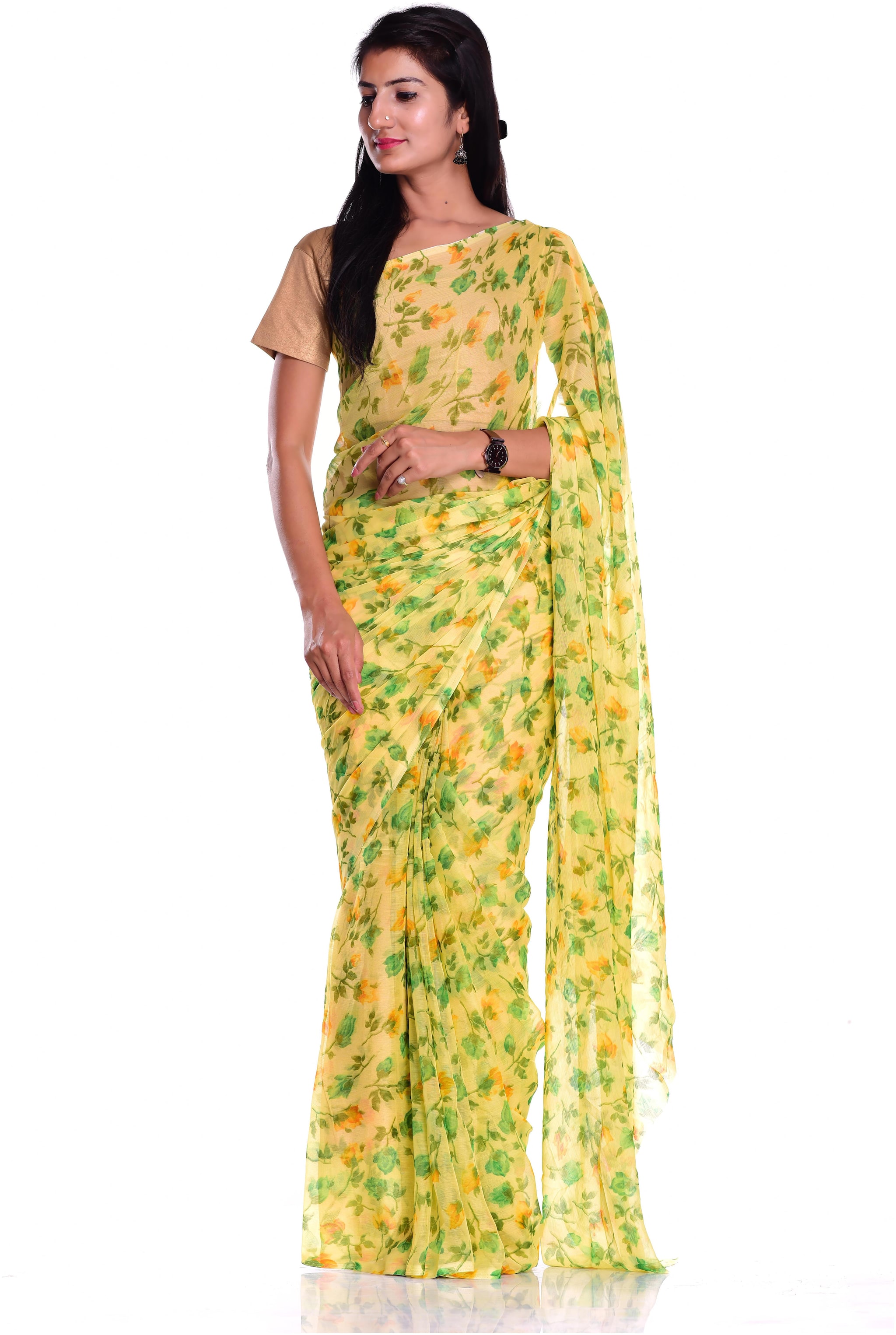 

Kastiel Green Floral Printed Chiffon Saree With Blouse Piece For Women