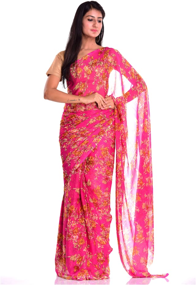 KASTIEL Pink Floral Universal Ready Pleated Saree With Blouse , With blouse