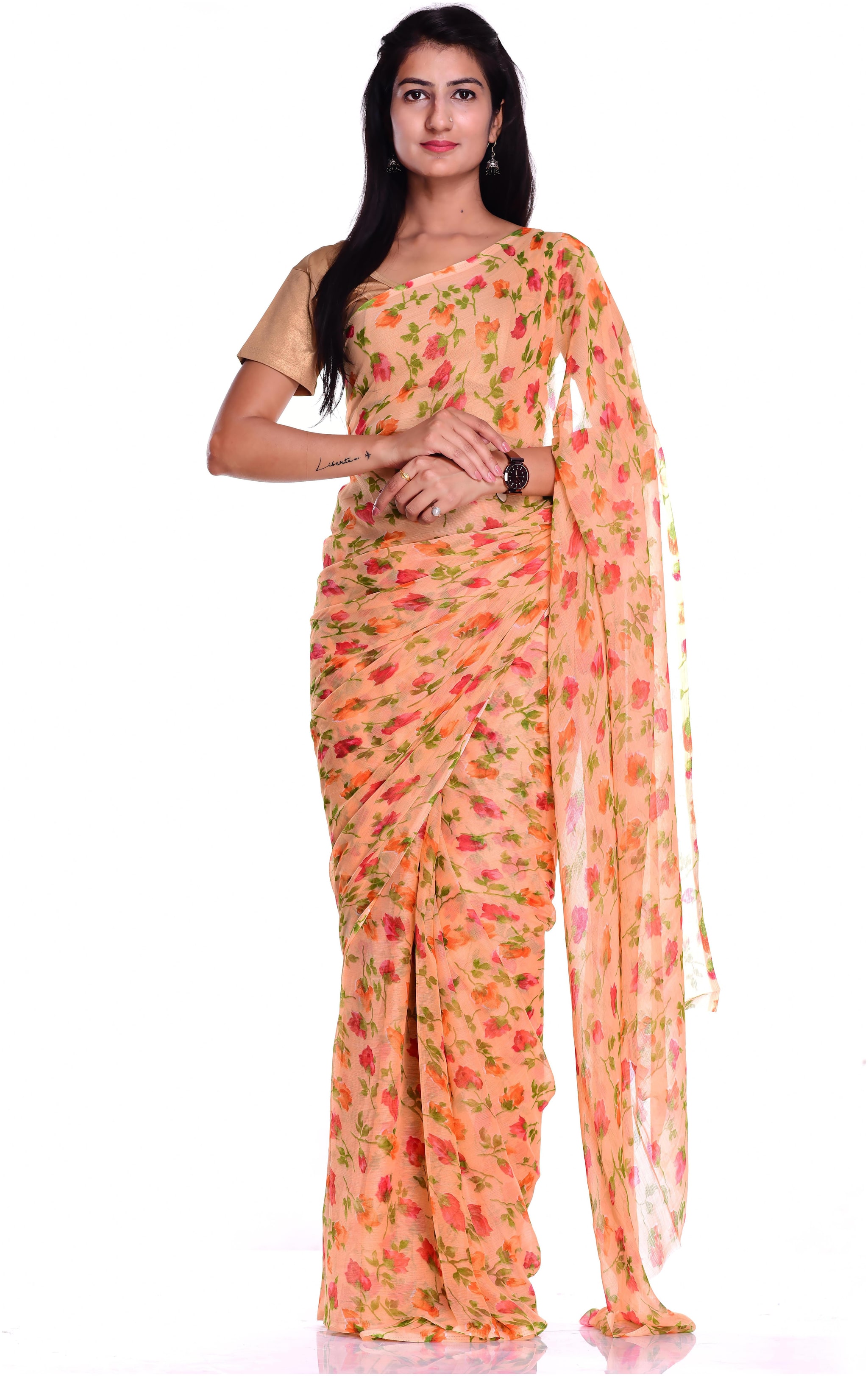 

KASTIEL Red Floral Universal Designer Saree With Blouse With blouse