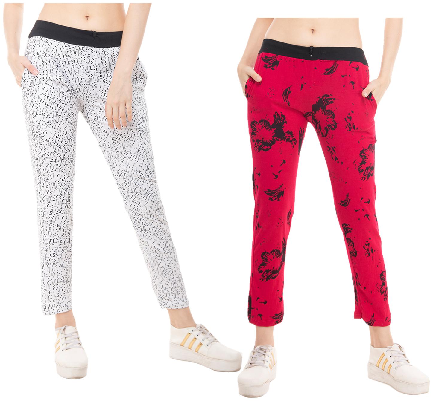 

Kavya Women Regular fit Cotton Printed Track pants - White Red
