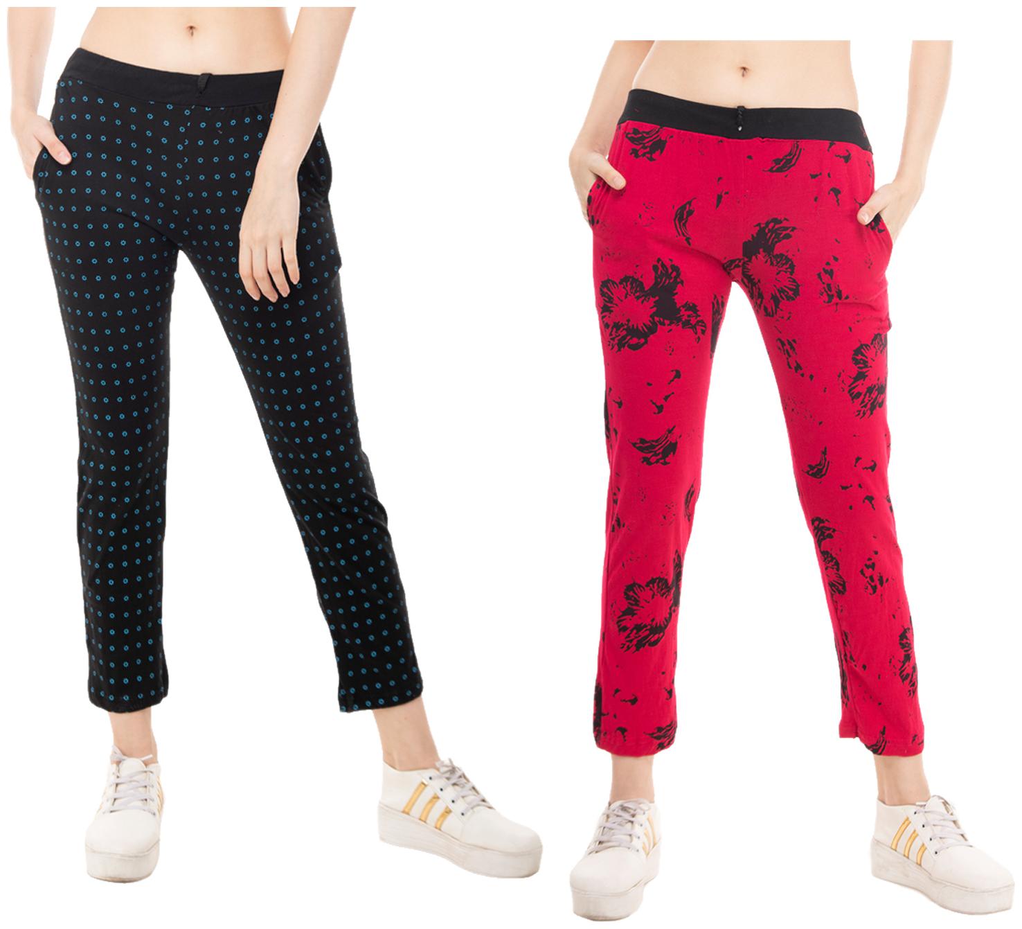 

Kavya Women Regular fit Cotton Printed Track pants - Black Red