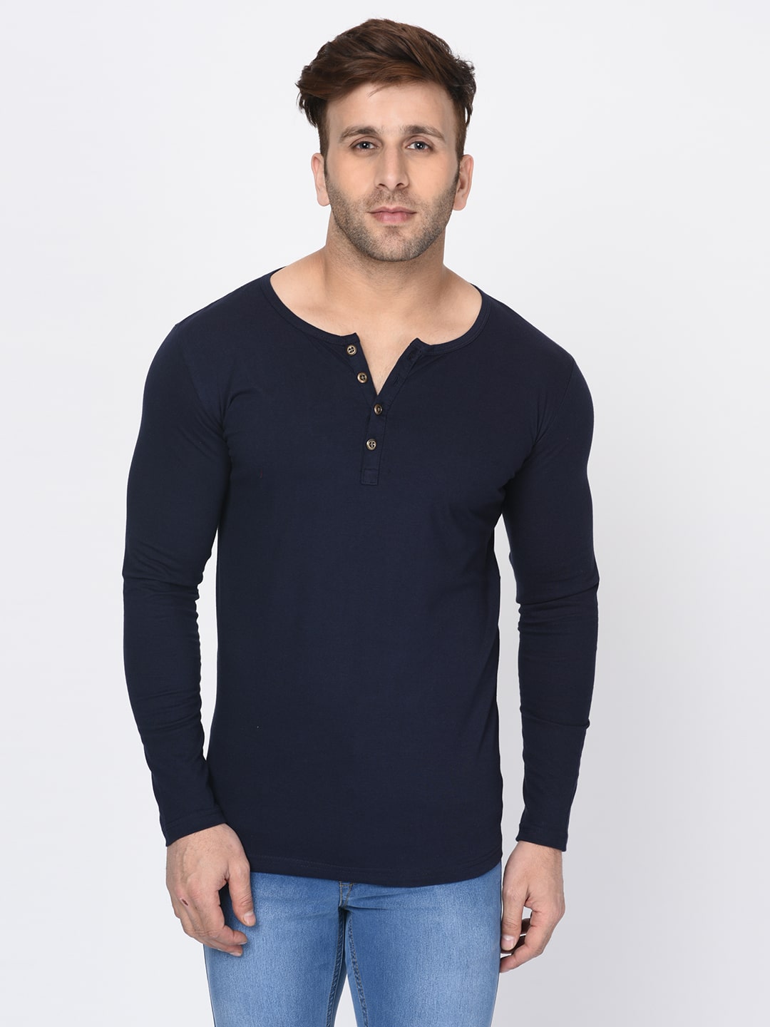

KAY DEE Men Navy blue Regular fit Cotton Blend Henley neck T-Shirt - Pack Of 1