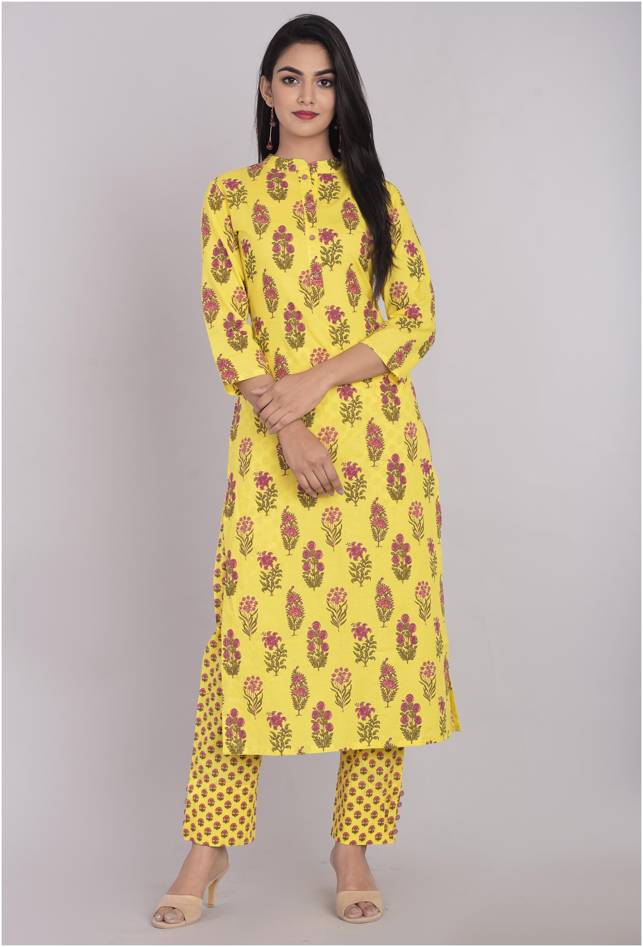 

KBZ Women Yellow Floral Straight Kurta With Pants