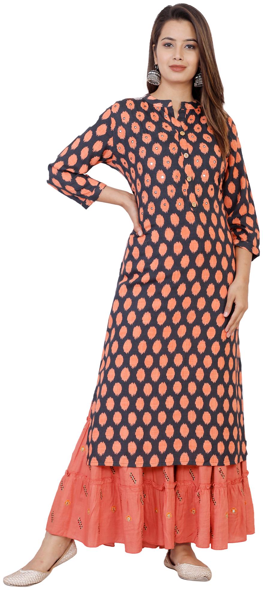 

KBZ Women Grey Orange Printed Straight Kurta With Sharara