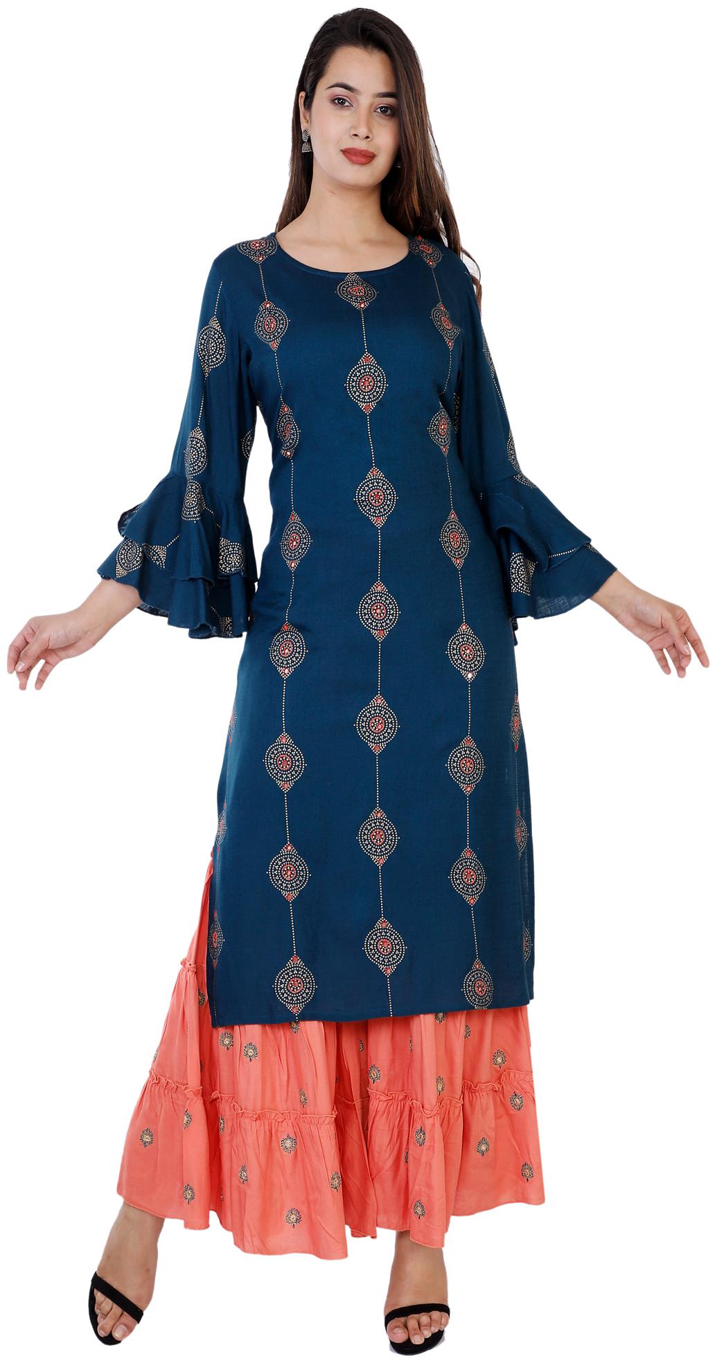 

KBZ Women Viscose Rayon Embroidered Navy Blue Kurta With Sharara