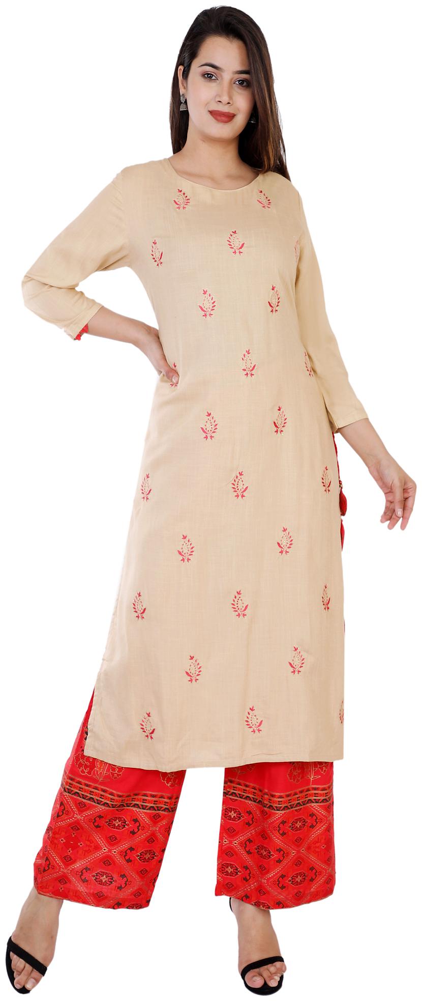

KBZ Women Viscose Rayon Embroidered Beige Kurta With Palazzo