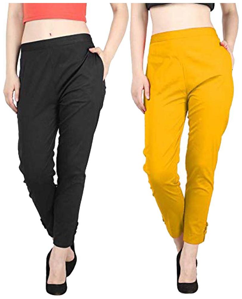 

KEX Women Cotton Solid Black Yellow Pants