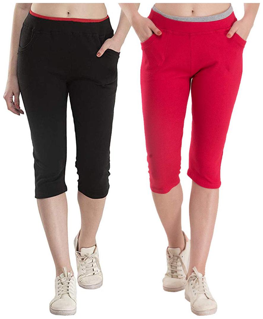 

KEX Women Solid Regular capri - Black Red