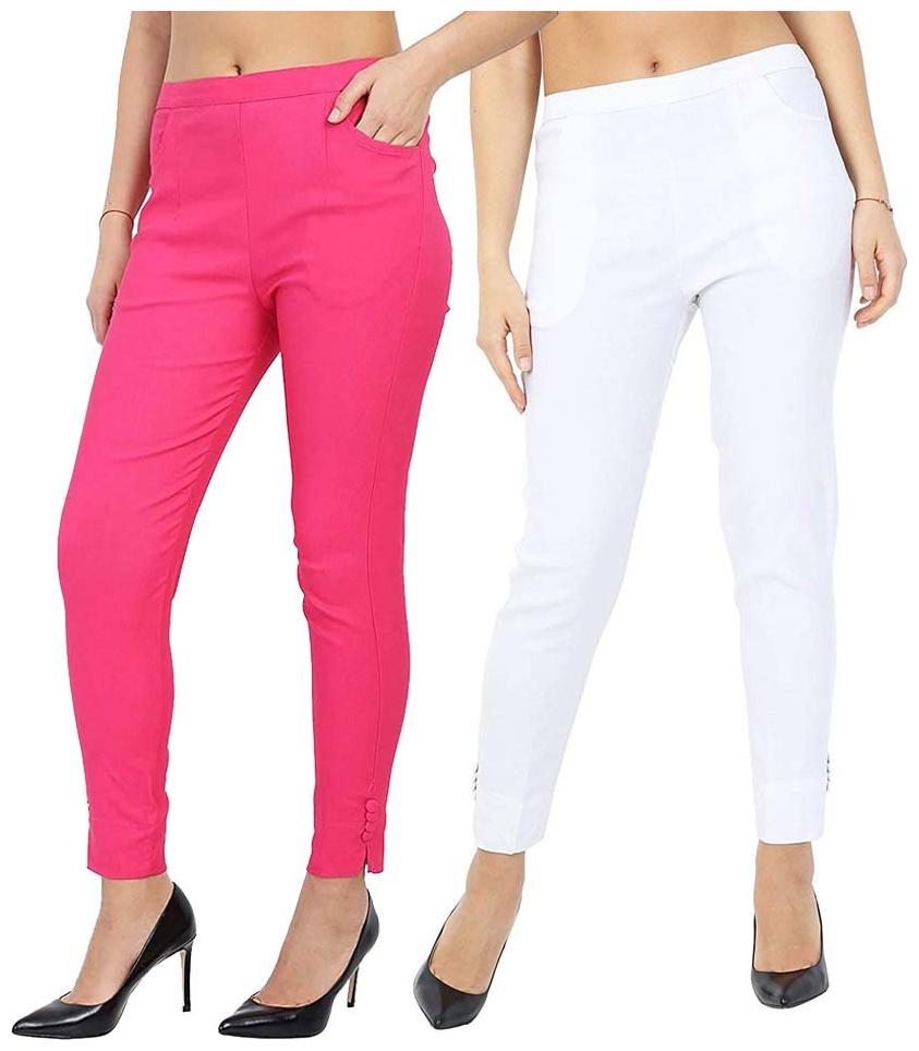 

KEX Women Cotton Solid White Pink Pants