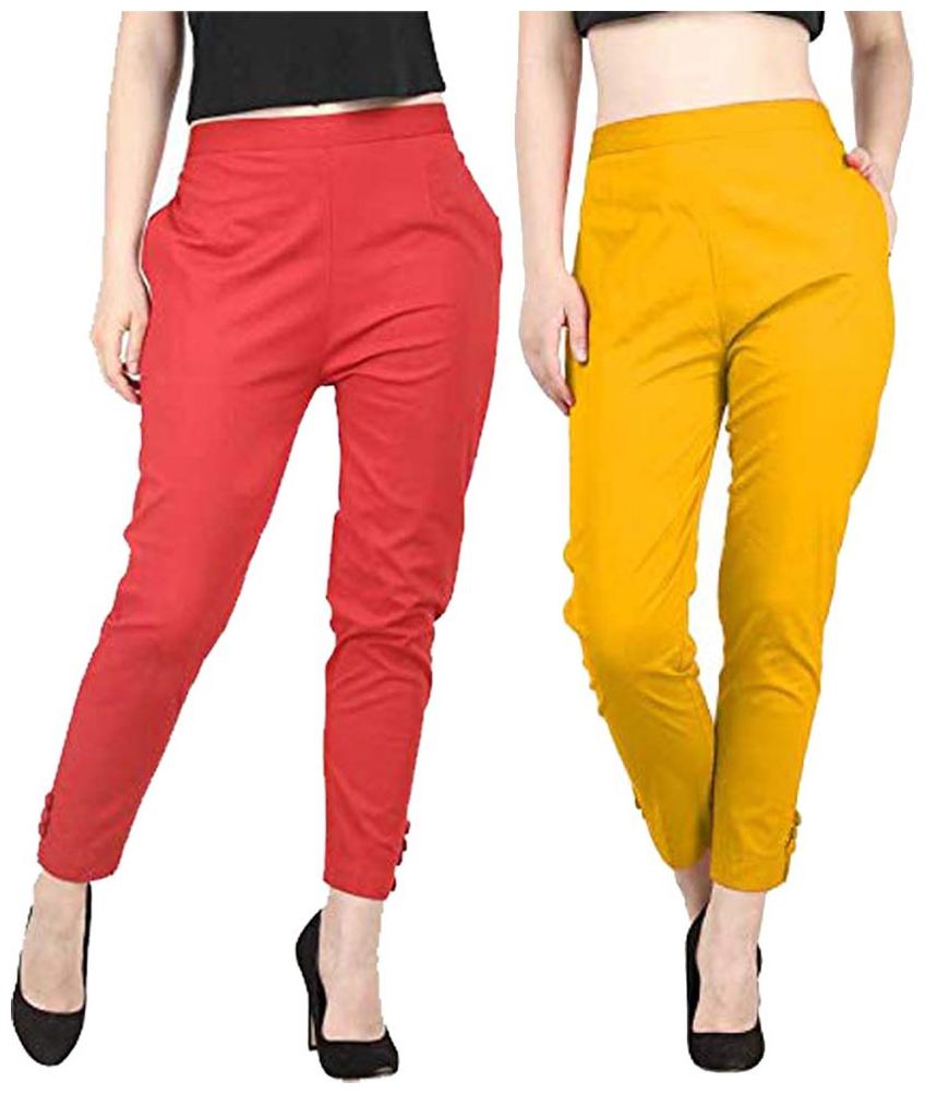 

KEX Women Cotton Solid Red Yellow Pants