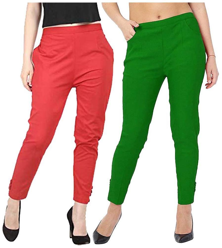 

KEX Women Cotton Solid Red Green Pants