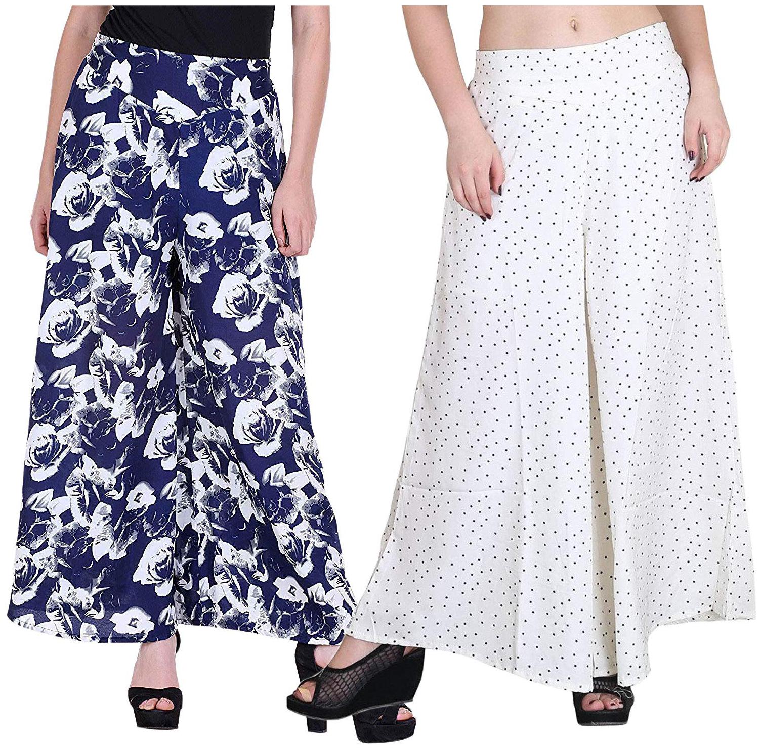 

KEX White Blue Floral Flared Palazzo
