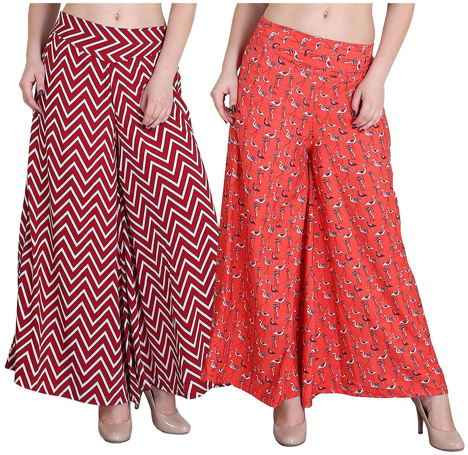

KEX Maroon Orange Geometric Flared Palazzo