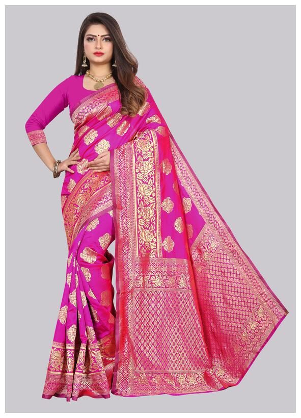 

KF Collection Women Jacquard Banarasi Silk Paisley Designed Saree With Unstitched Blouse Piece (Pink)