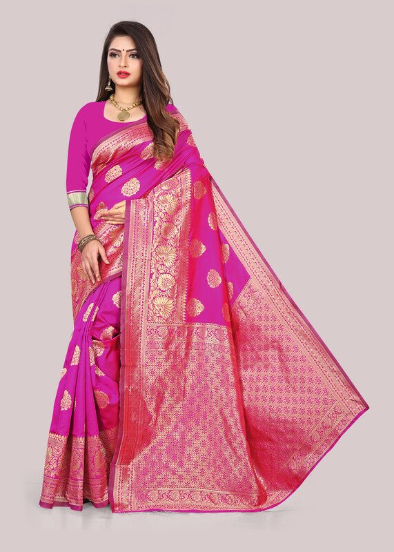 

KF Collection Jacquard Woven Pink Color Saree With Unstitched Blouse Piece