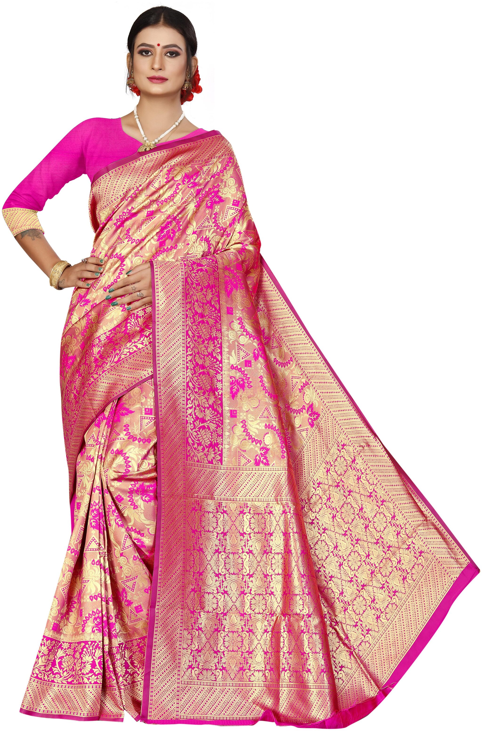 

KF Collection Jacquard Woven Pink Color Saree with Unstitched Blouse Piece