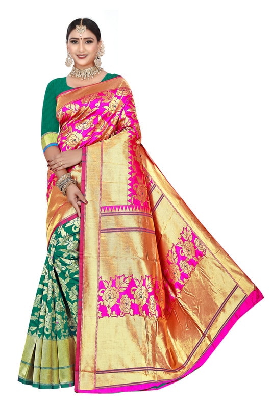

KF Collection Women Jacquard Pink Green Regular Saree With Blouse