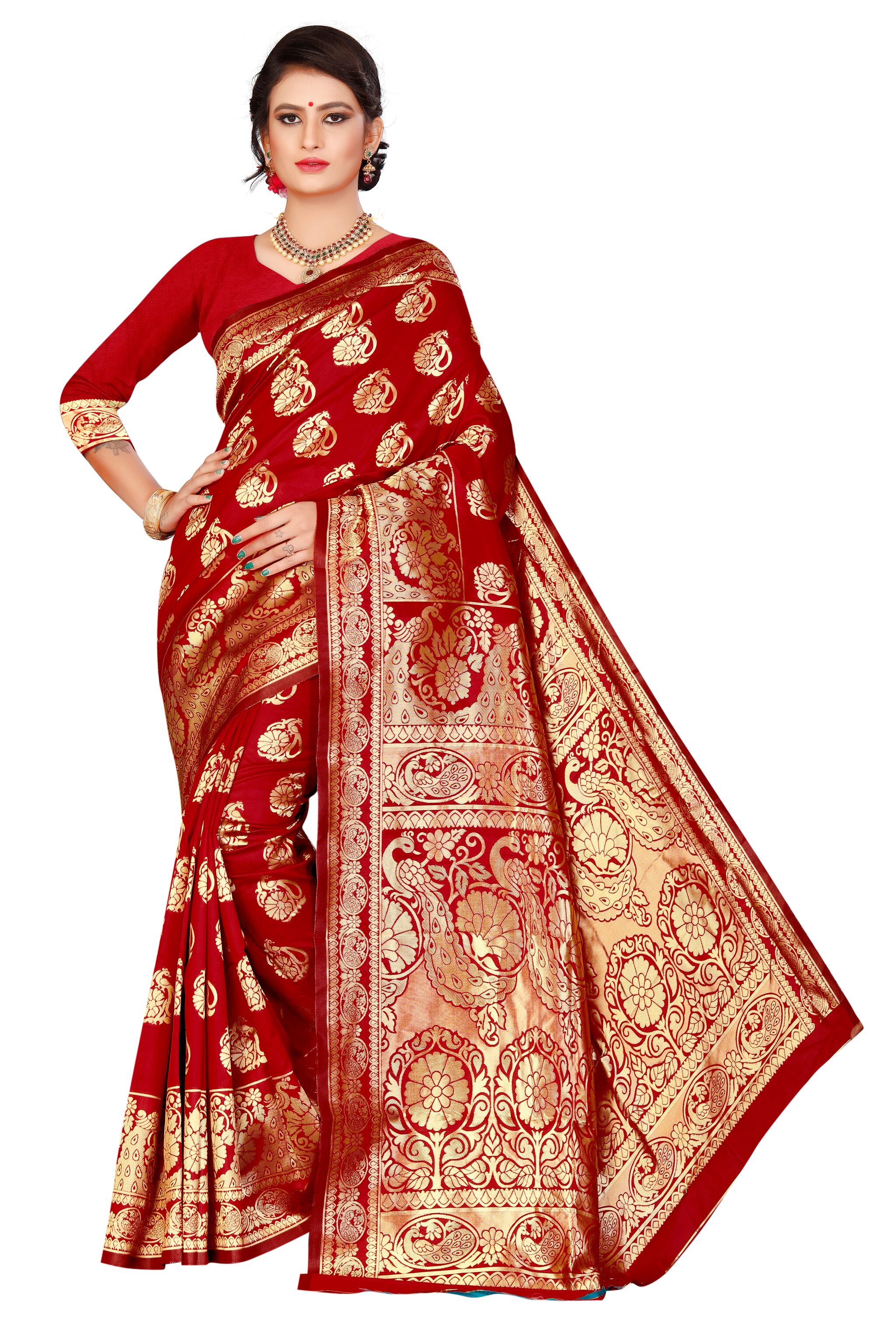

KF Collection Jacquard Floral Maroon Color Saree with Unstitched Blouse Piece