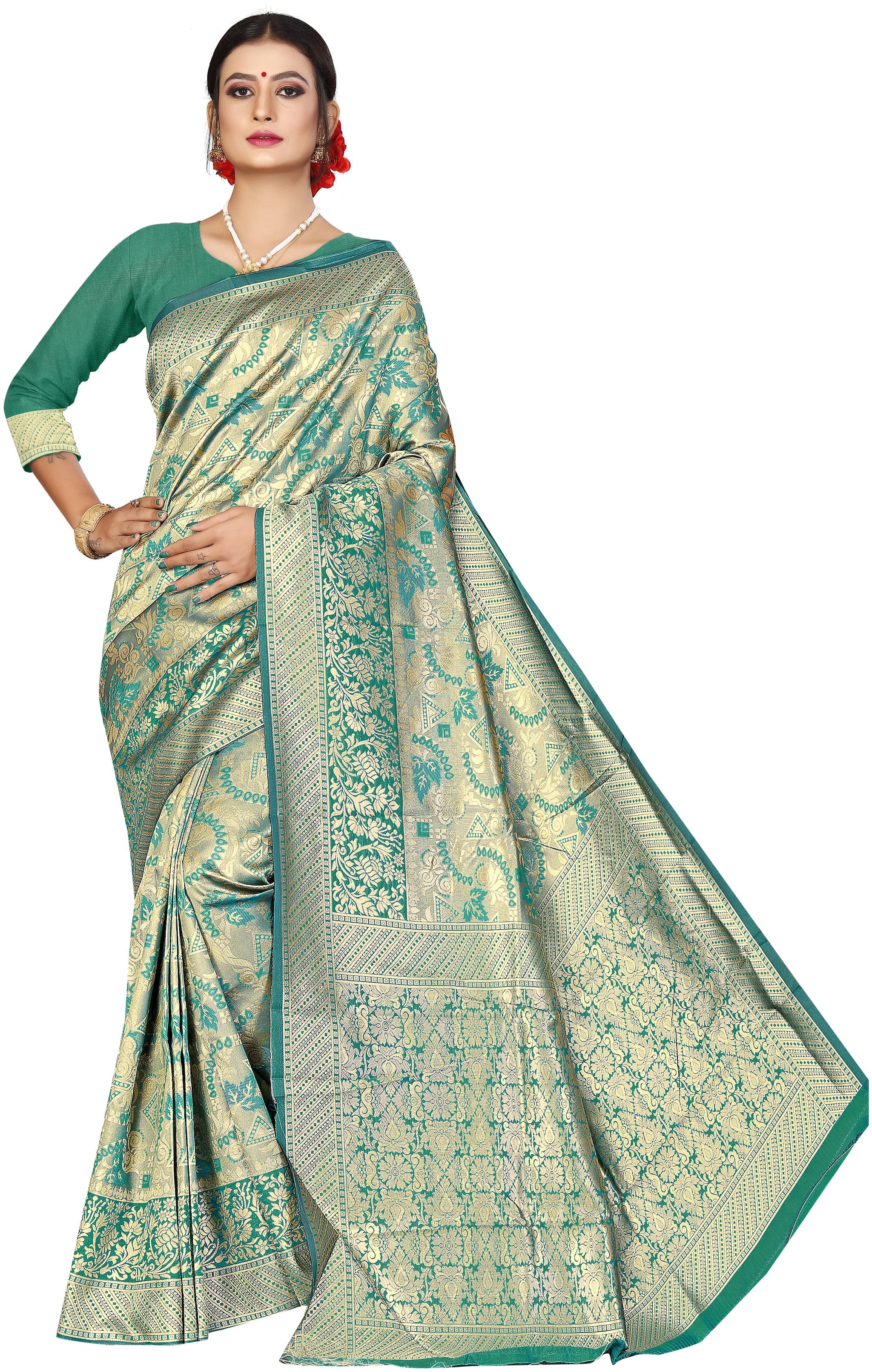 

KF Collection Jacquard Woven Green Color Saree with Unstitched Blouse Piece