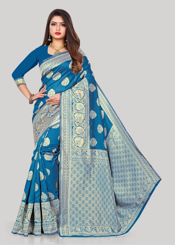 

KF Collection Jacquard Woven Blue Color Saree With Unstitched Blouse Piece