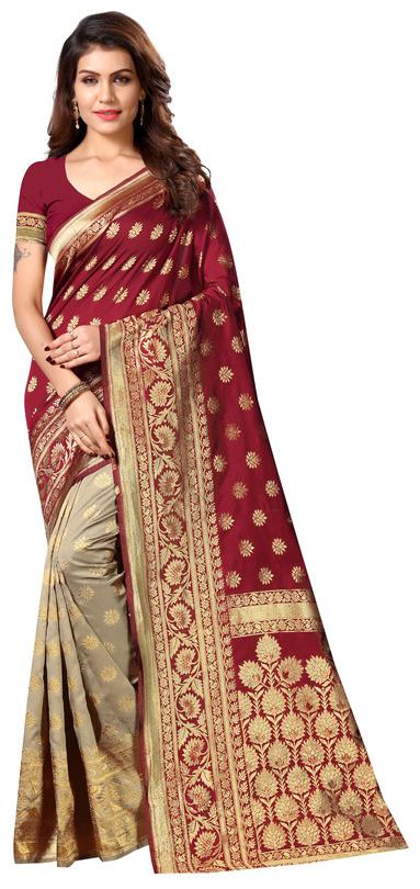 

KF Collection Women Jacquard Woven Maroon Grey Regular Saree With Blouse