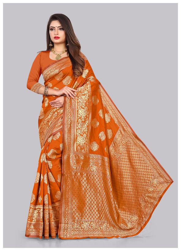 

KF Collection Women Jacquard Banarasi Silk Paisley Designed Saree With Unstitched Blouse Piece (Mustard)