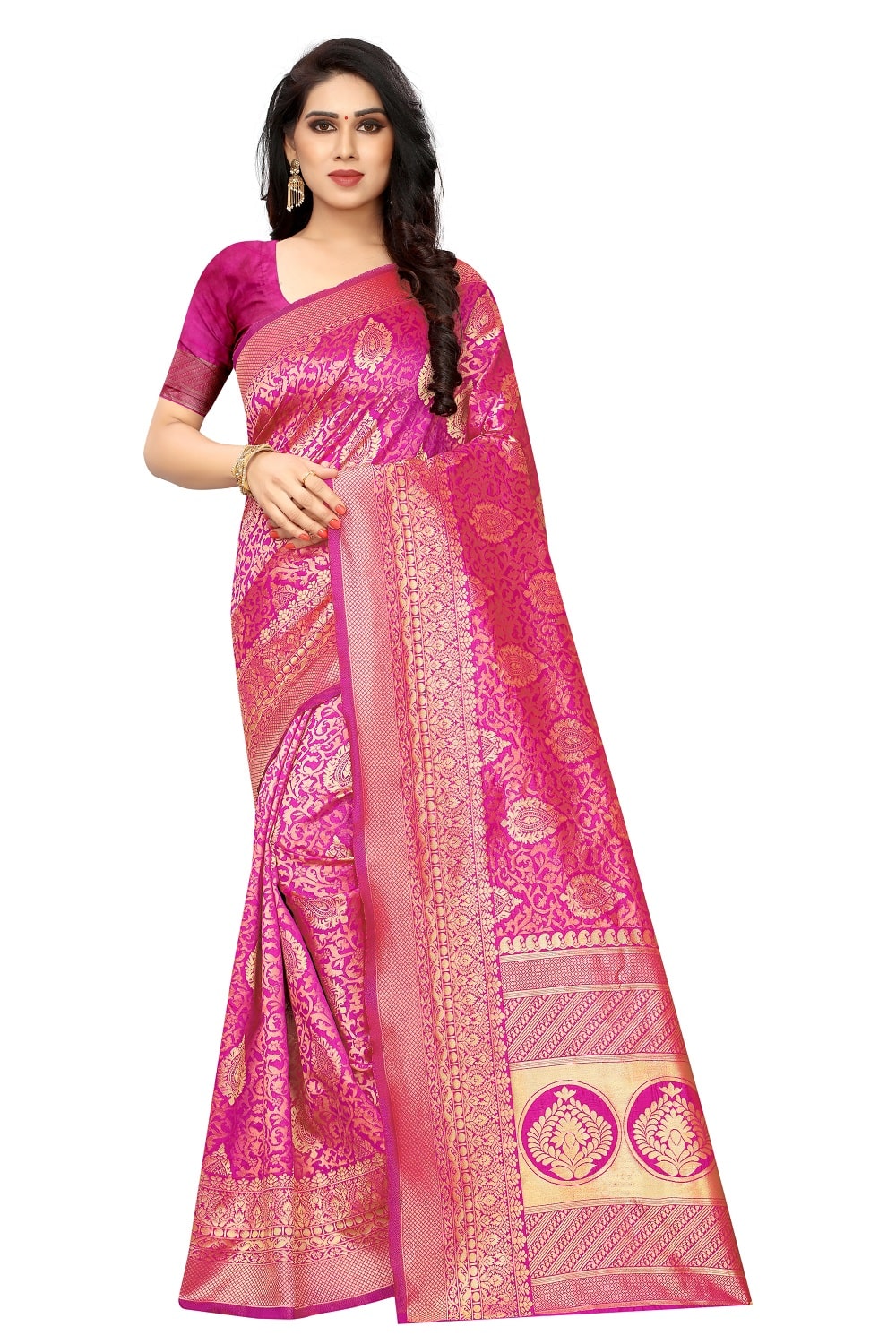 

KF Collection Jacquard Woven Pink Golden Color Saree with Blouse