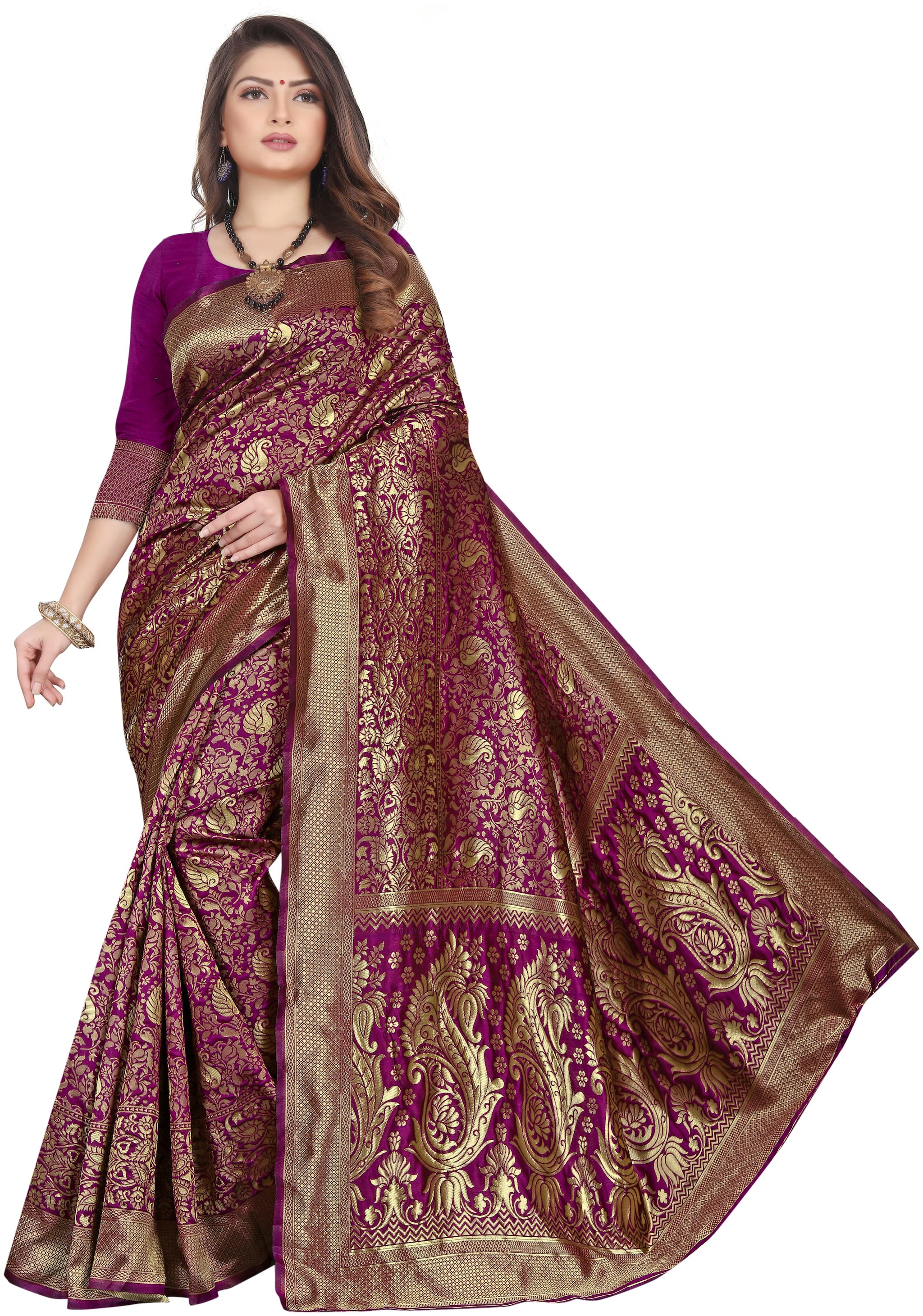 

KF Collection Jacquard Woven Purple Color Saree with Unstitched Blouse Piece