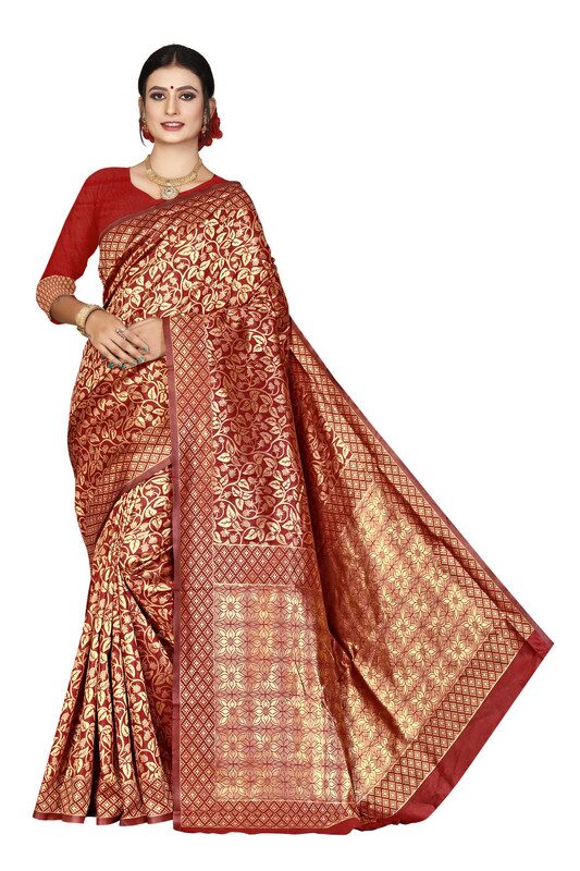 

KF Collection Women Jacquard Aloevera Vine Designed Saree With Unstitched Blouse Piece (Maroon)