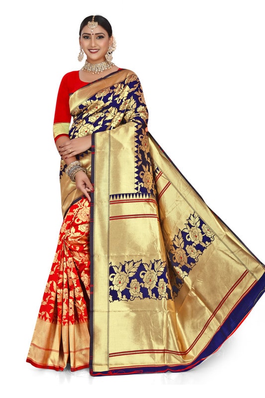 

KF Collection Women Jacquard Blue Red Regular Saree With Blouse