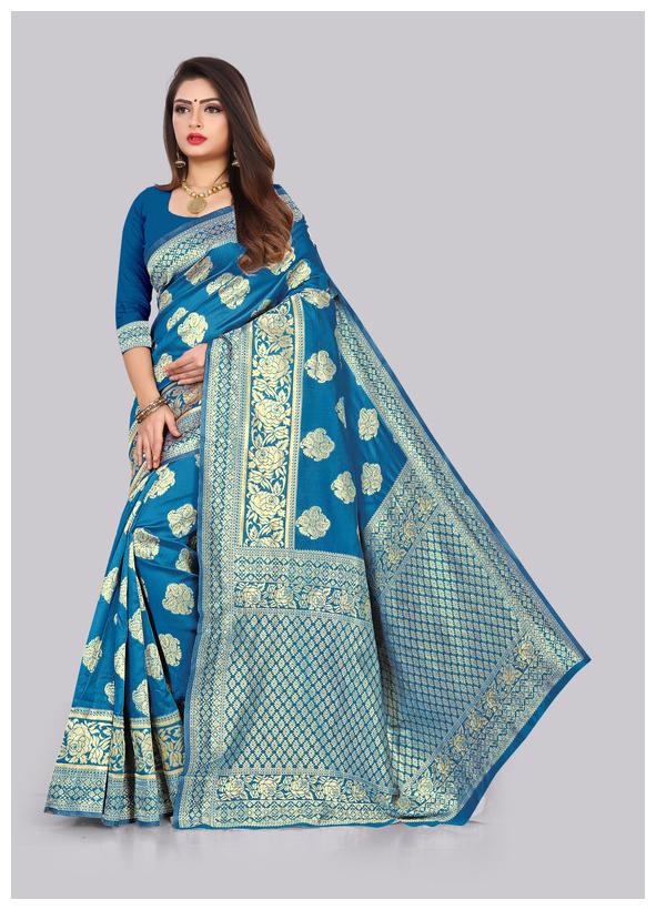 

KF Collection Women Jacquard Banarasi Silk Paisley Designed Saree With Unstitched Blouse Piece (Turquoise)
