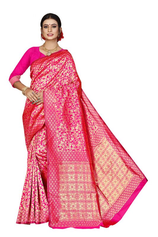 

KF Collection Women Jacquard Aloevera Vine Designed Saree With Unstitched Blouse Piece (Pink)