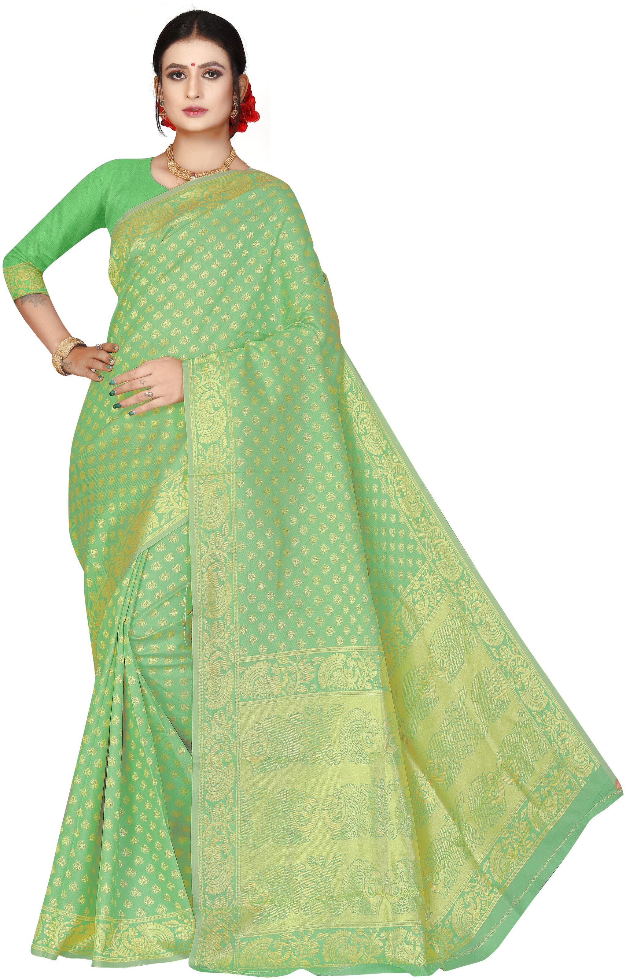 

KF Collection Women Jacquard Woven Green Regular Saree With Blouse