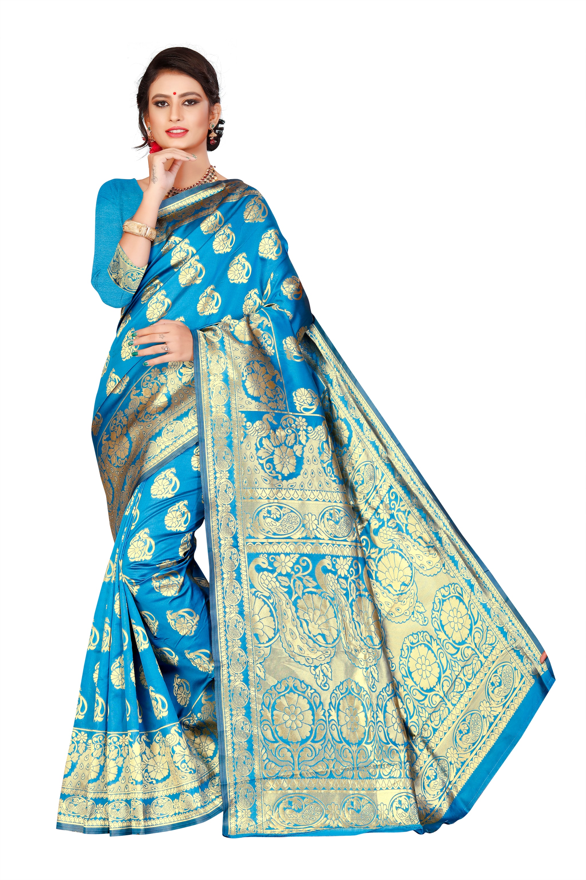

KF Collection Jacquard Floral Blue Color Saree with Unstitched Blouse Piece