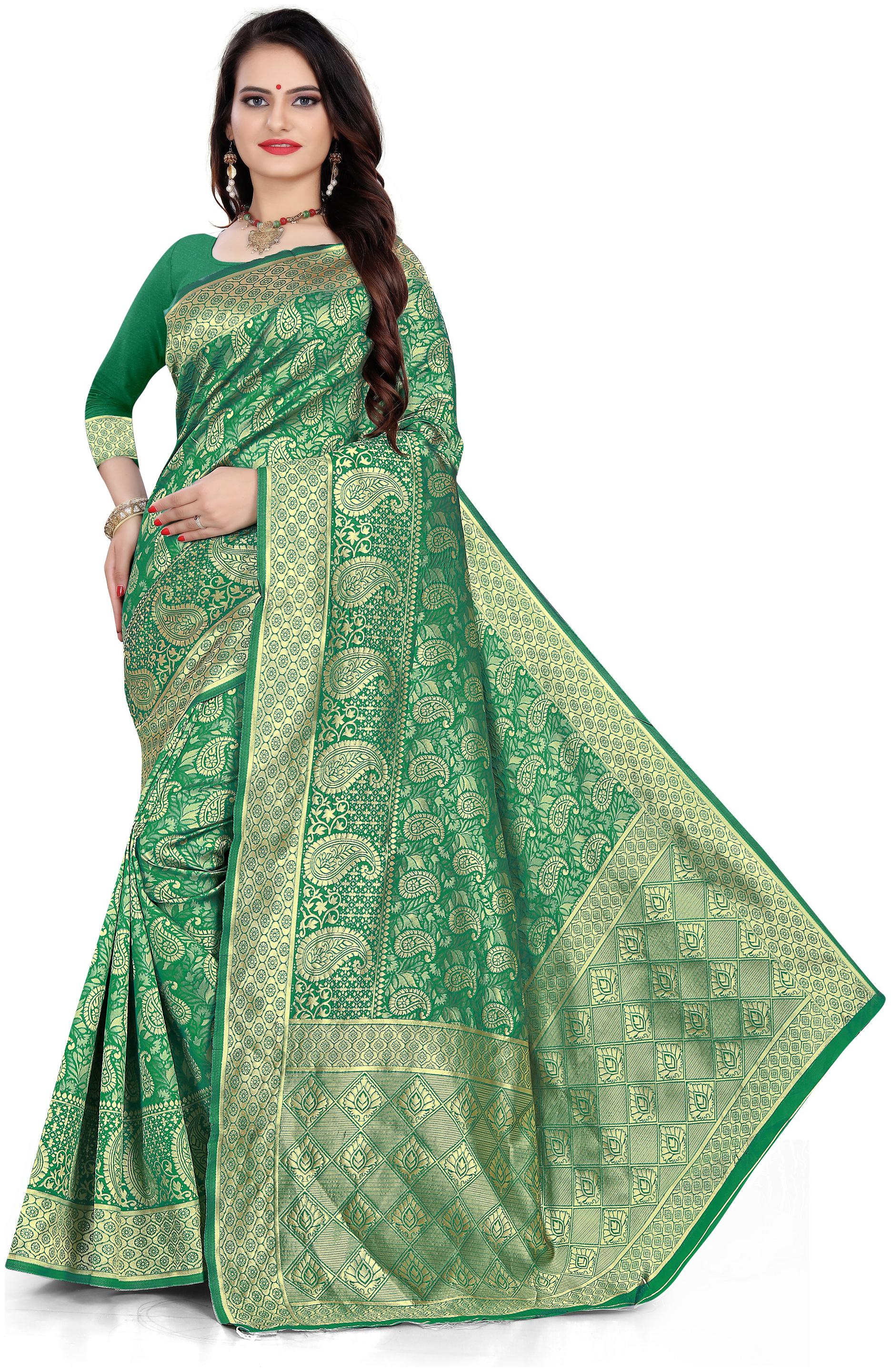

KF Collection Jacquard Banarasi Silk Mango Designed Saree With Unstitched Blouse Piece(Green)