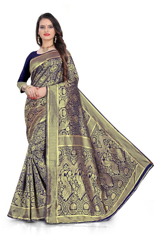

KF Collection Women Jacquard Peacock With Lotus Designed Saree With Unstitched Blouse Piece (Blue)