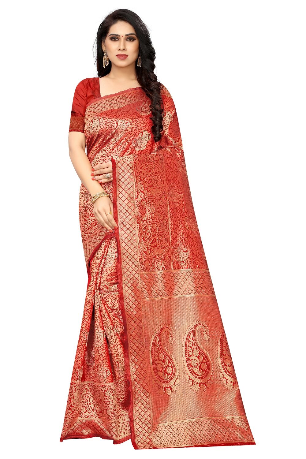 

KF Collection Women Jacquard Woven Red Regular Saree With Blouse
