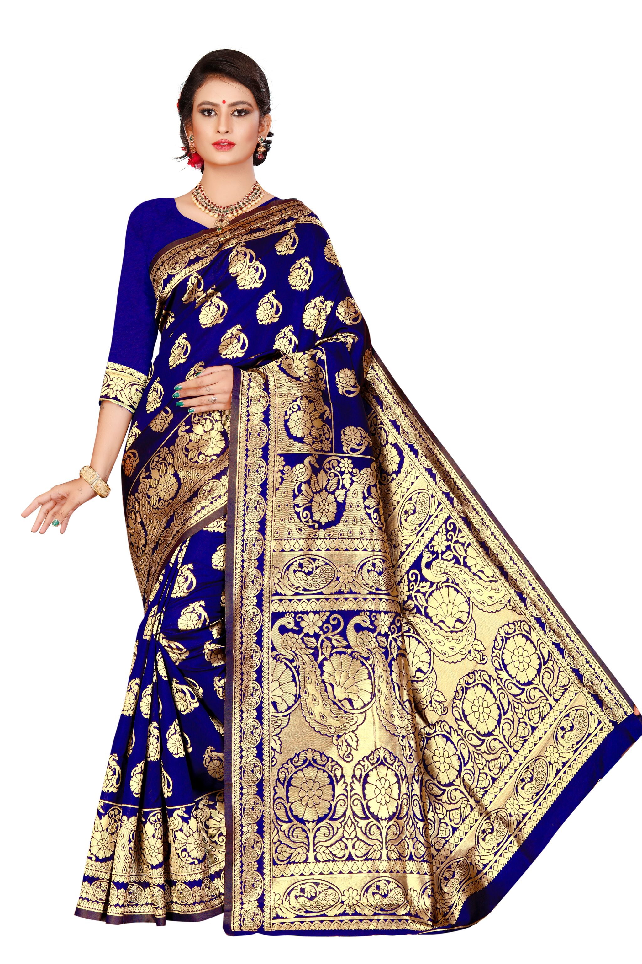 

KF Collection Jacquard Floral Navy Blue Color Saree with Unstitched Blouse Piece