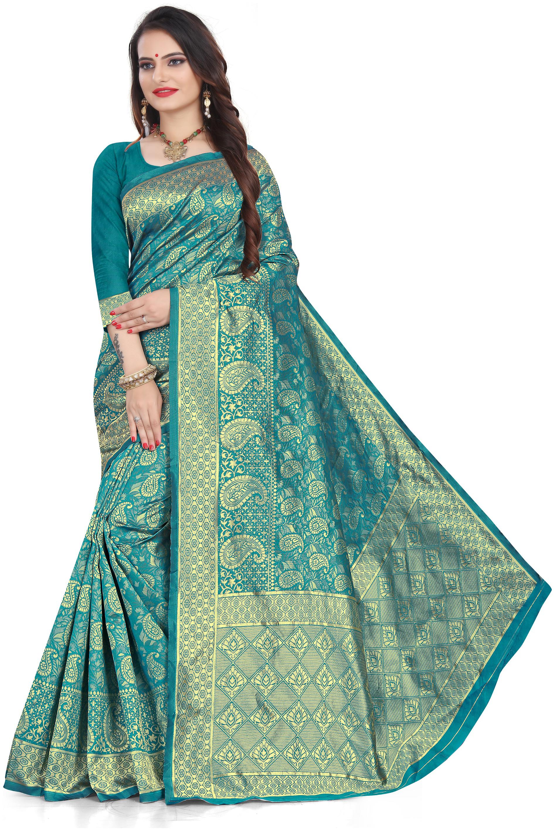 

KF Collection Jacquard Banarasi Silk Mango Designed Saree With Unstitched Blouse Piece(Turquoise)