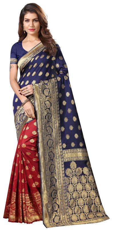 

KF Collection Women Jacquard Woven Blue Maroon Regular Saree With Blouse