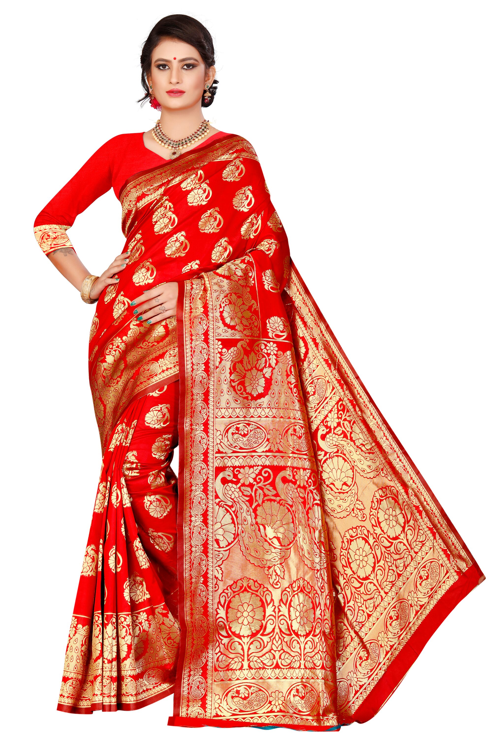 

KF Collection Jacquard Floral Red Color Saree with Unstitched Blouse Piece