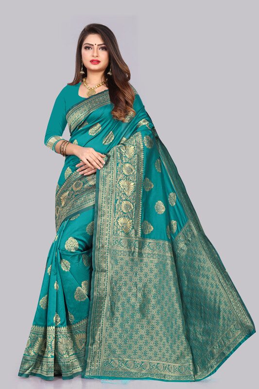 

KF Collection Jacquard Woven Blue Color Saree With Unstitched Blouse Piece