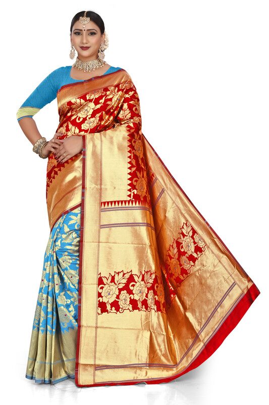 

KF Collection Women Jacquard Maroon Blue Regular Saree With Blouse