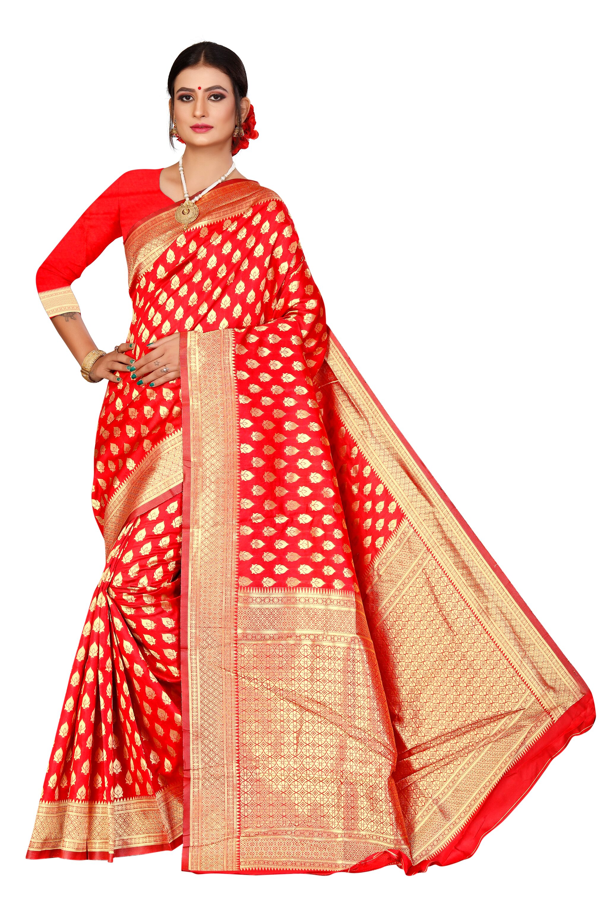 

KF Collection Women Jacquard Red Regular Saree With Blouse