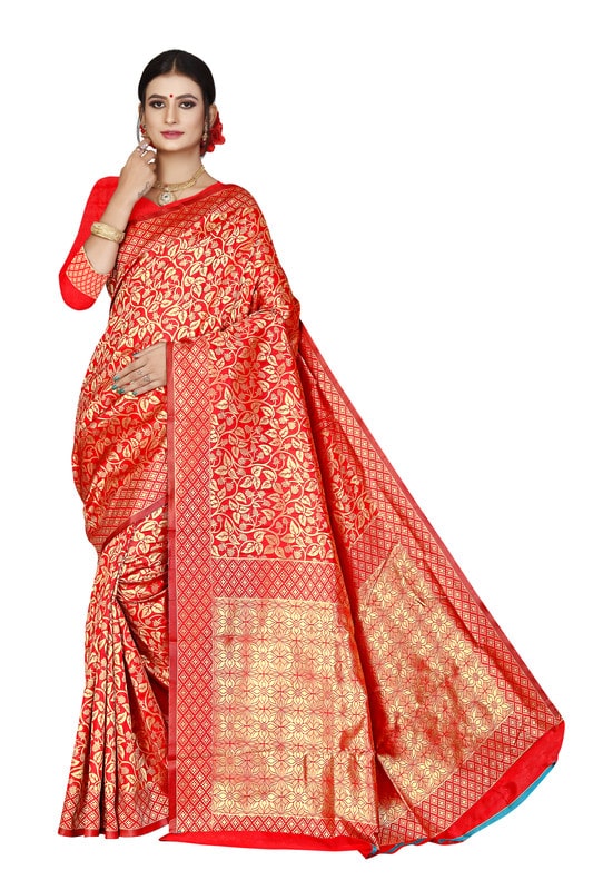 

KF Collection Women Collection Jacquard Aloevera Vine Designed Saree With Unstitched Blouse Piece (Red)