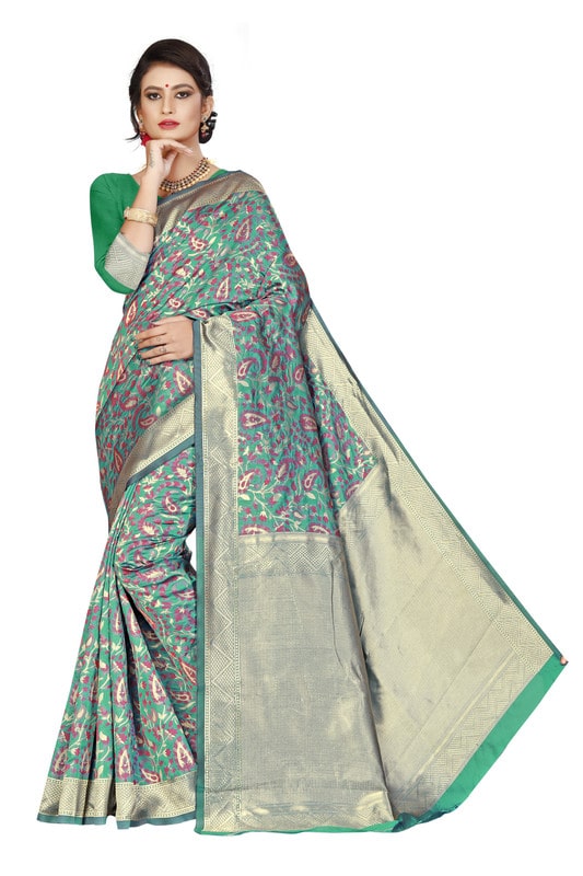 

KF Collection Jacquard Woven Green Color Saree With Unstitched Blouse Piece