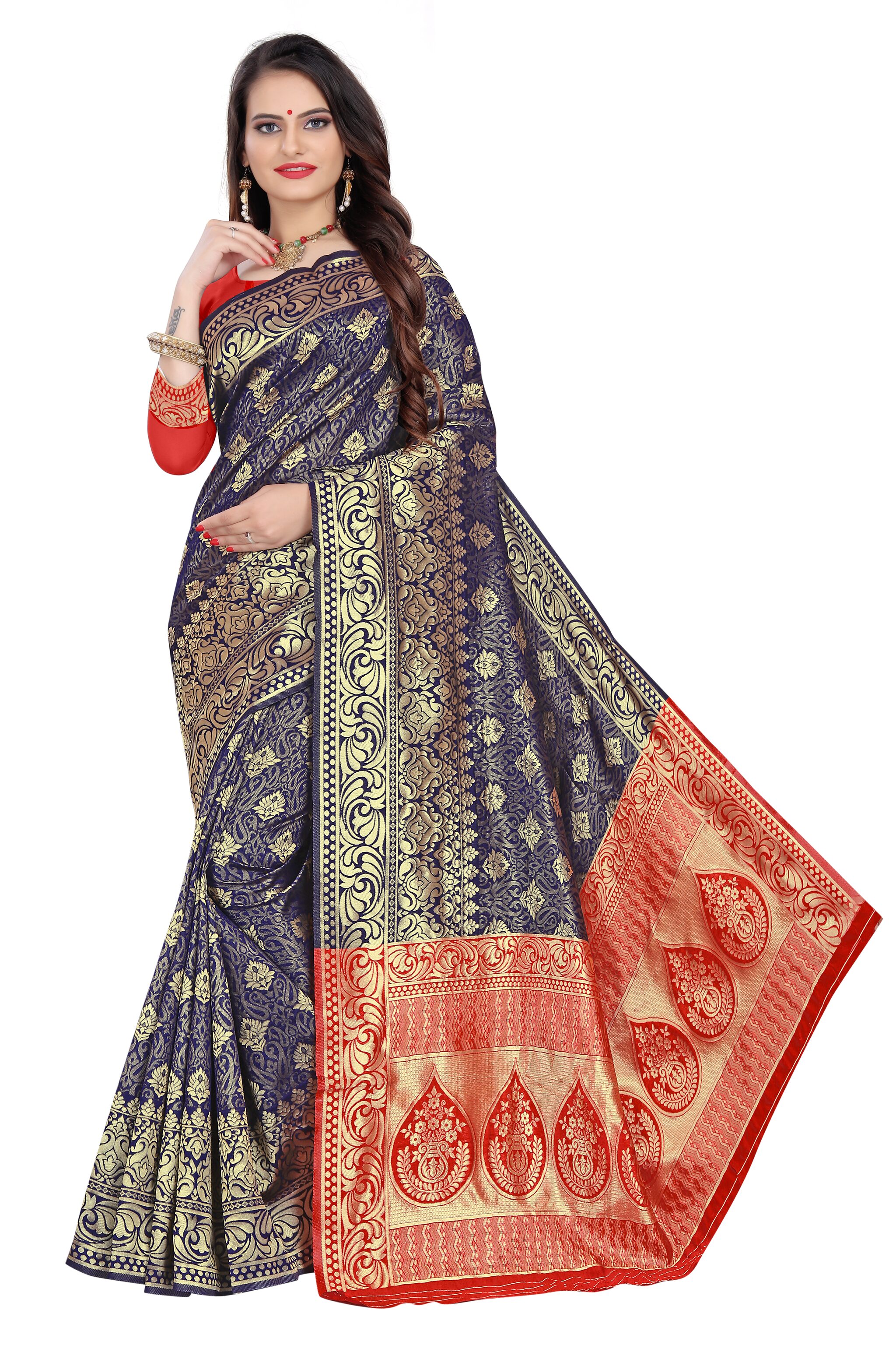 

KF Collection Women Jacquard Blue Regular Saree With Blouse