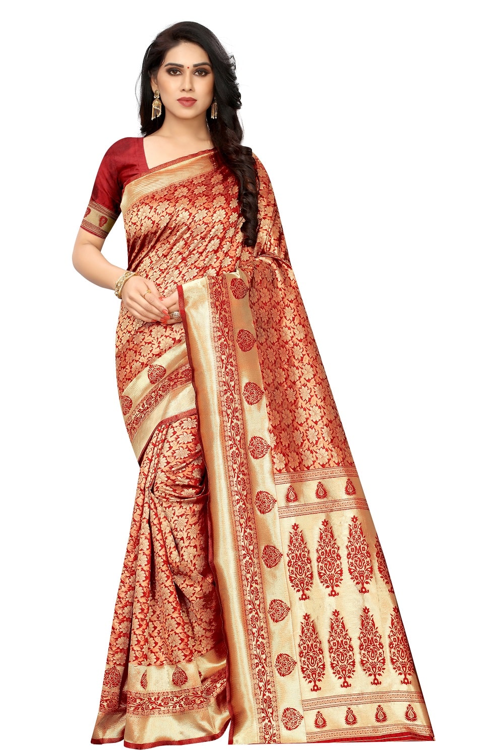 

KF Collection Jacquard Woven Red Golden Color Saree with Blouse
