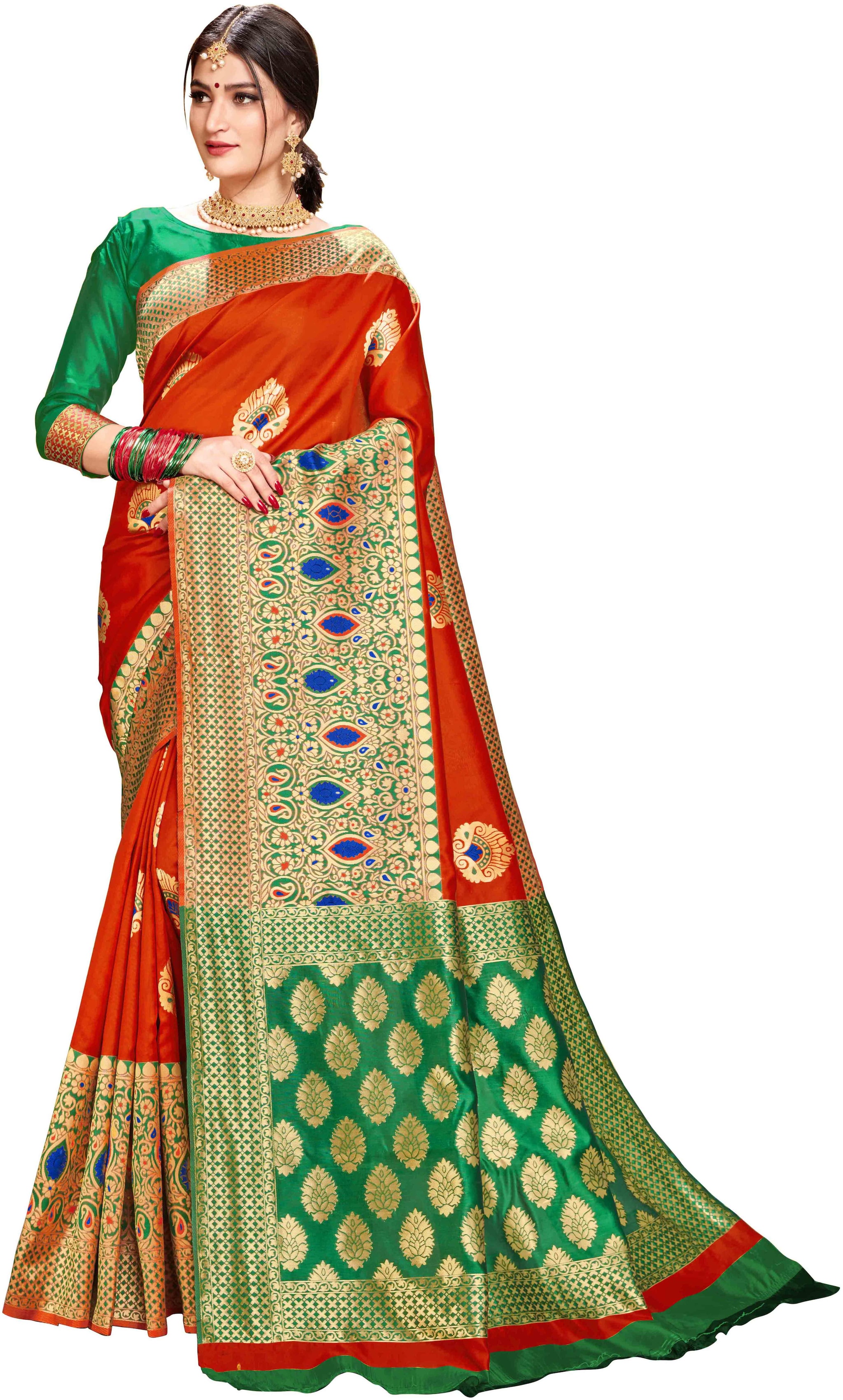 

KHENI TEX Dupion Silk Orange Color Designer Saree