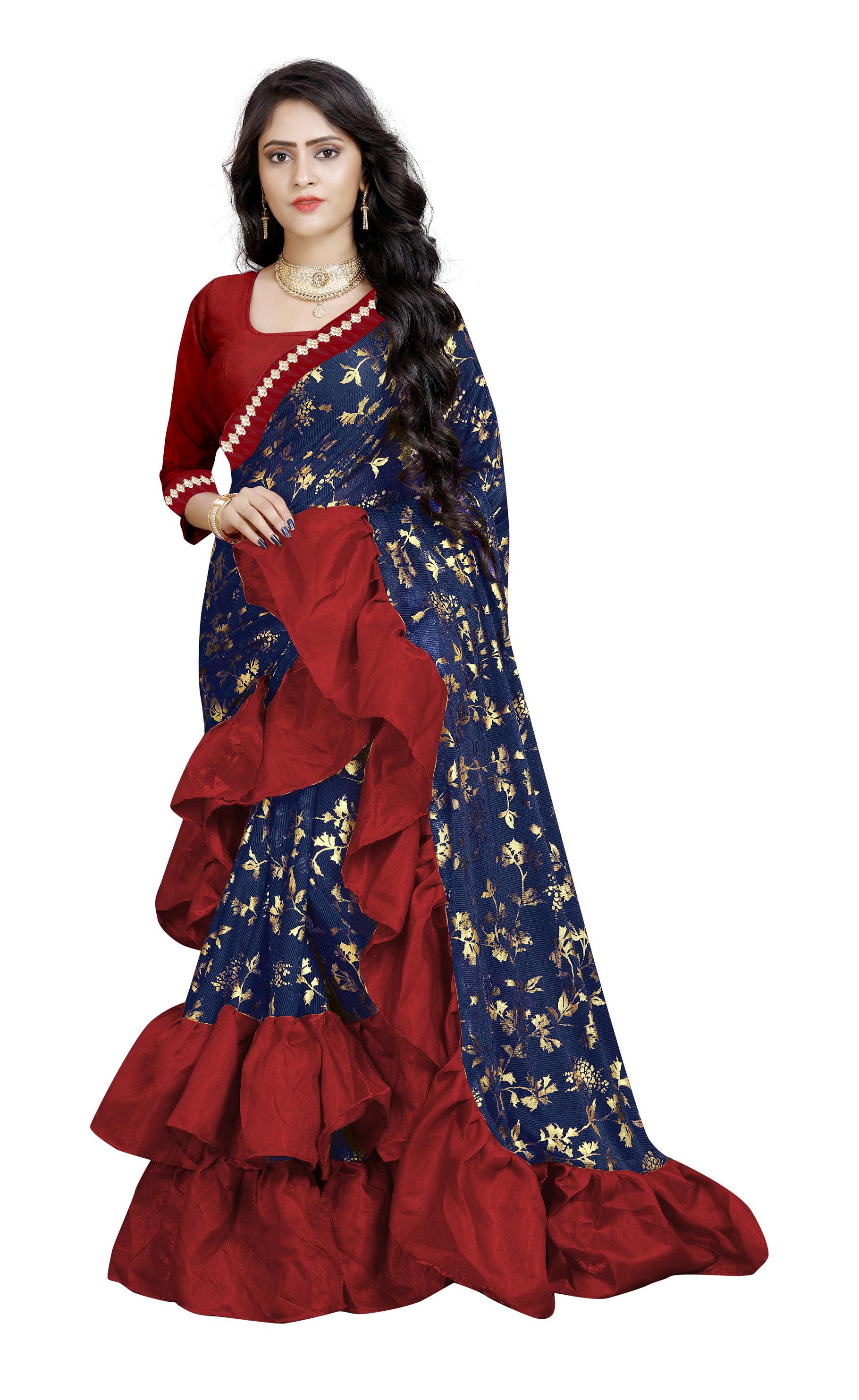 

KHOOBSURAT Women Lycra Printed Navy Blue Party Wear With Blouse
